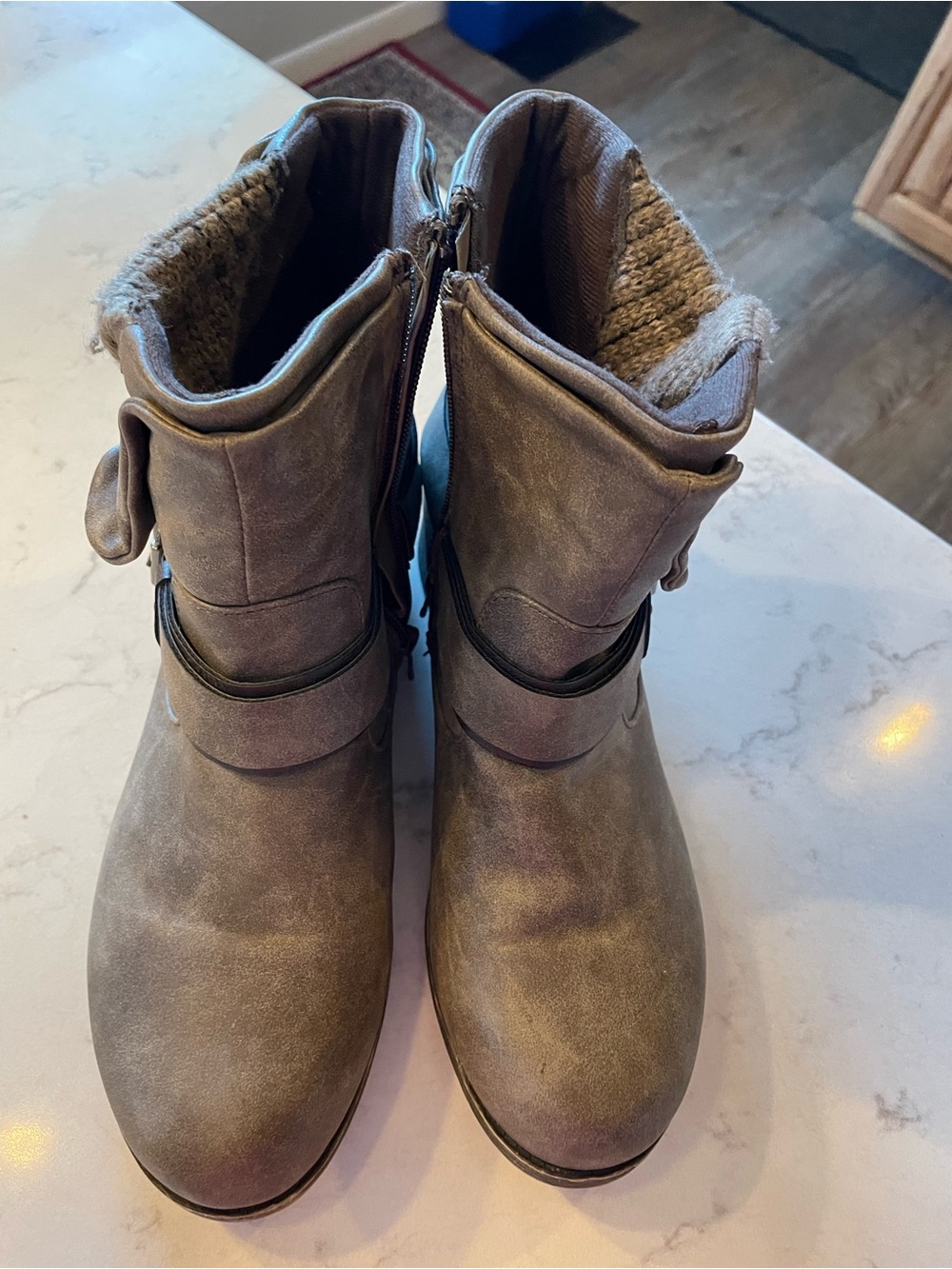 Women's Taupe Faux-Suede Ankle Boots with Shearling Lining. Item # 11783